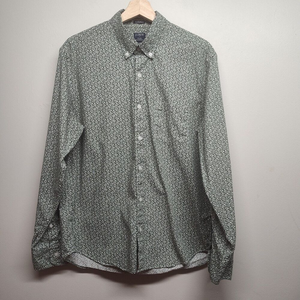 J. Crew Flex Washed Button Down Shirt Men Size L Green Floral Slim Untucked